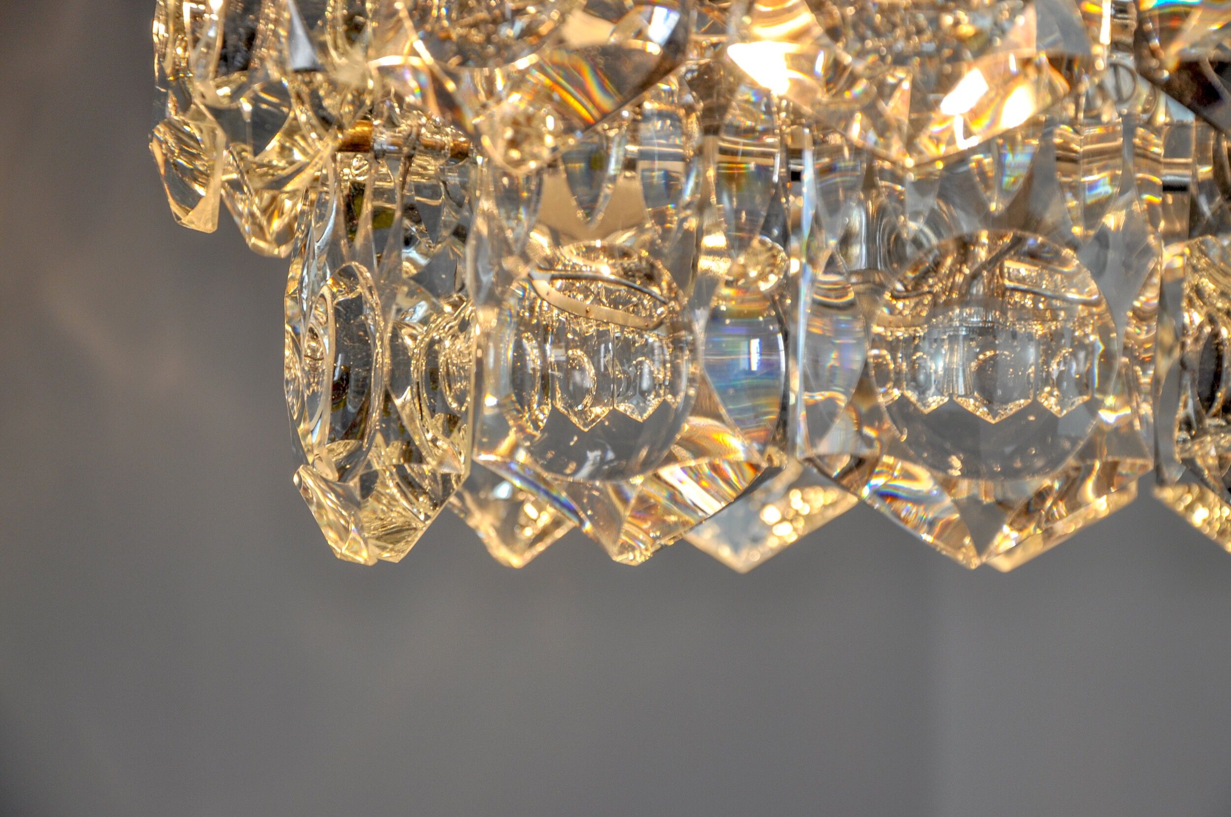 Golden Kinkeldey chandelier, cut glass, 3 levels, Germany, 1970