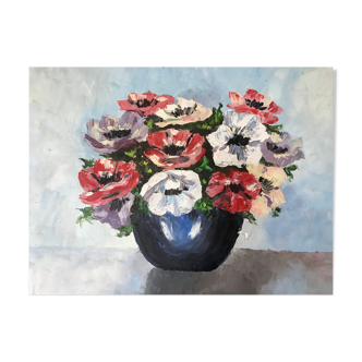 Old painting signed oil on canvas bouquet of vintage anemone flowers
