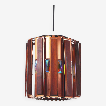 mid century rosewood wood and brass pendant chandelier by Werner Schou