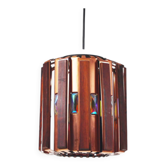 mid century rosewood wood and brass pendant chandelier by Werner Schou