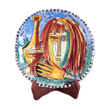Cubist decorative plate, girl with pitcher, signed Savioli