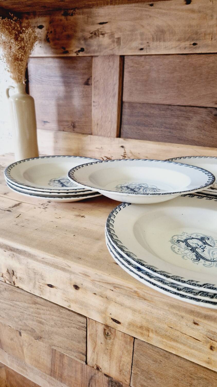 12 Luneville K&G soup plates, letter F