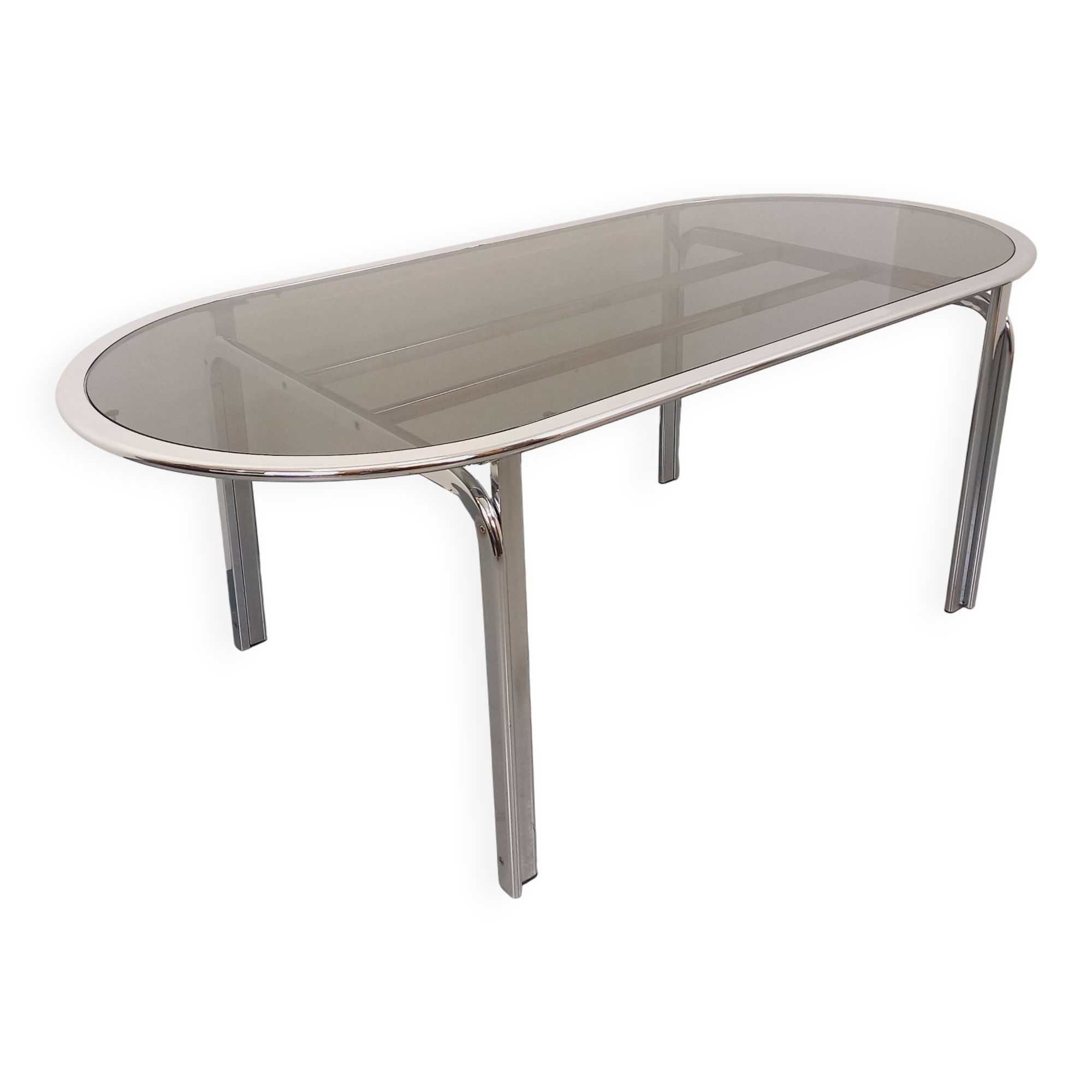 Vintage oval dining table in smoked glass and chrome metal, Space Age style.