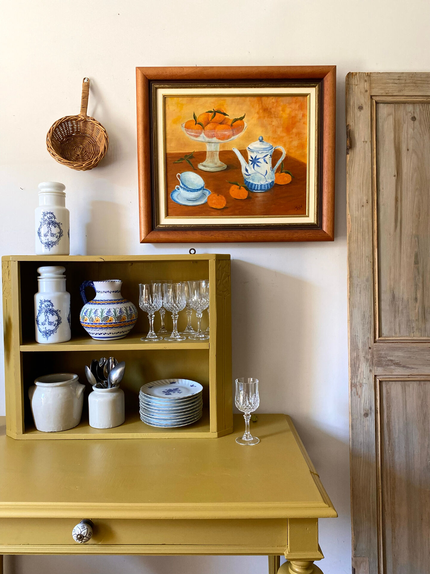 Still life with mandarins and blue pottery, oil on canvas