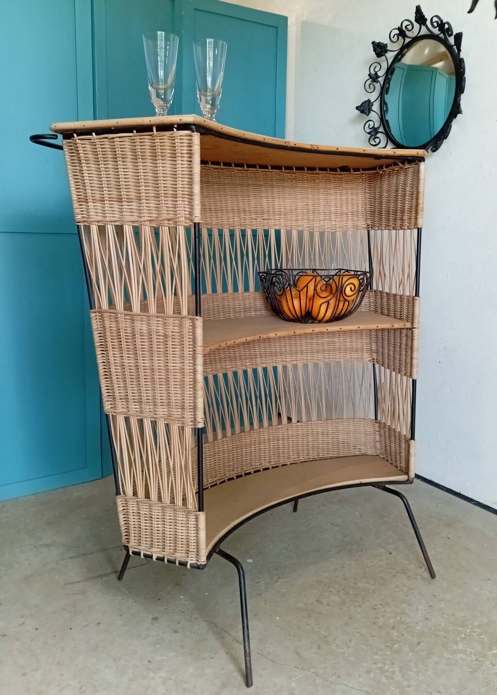 1960s rattan and metal bar counter