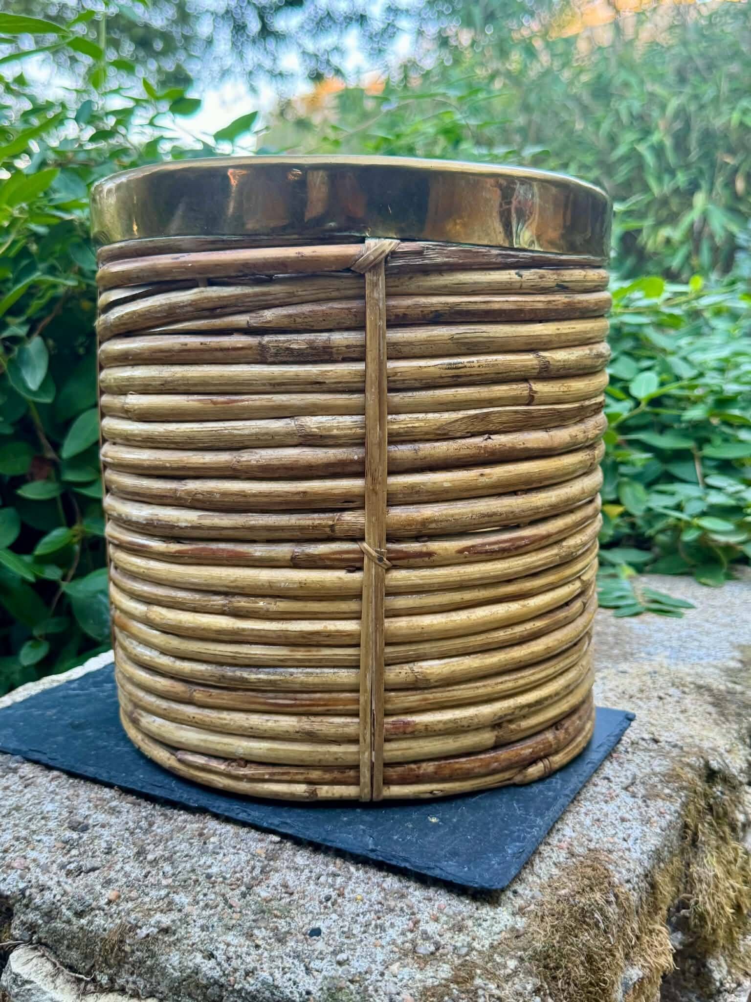Large rattan basket brass Gabriella Crespi 1960s