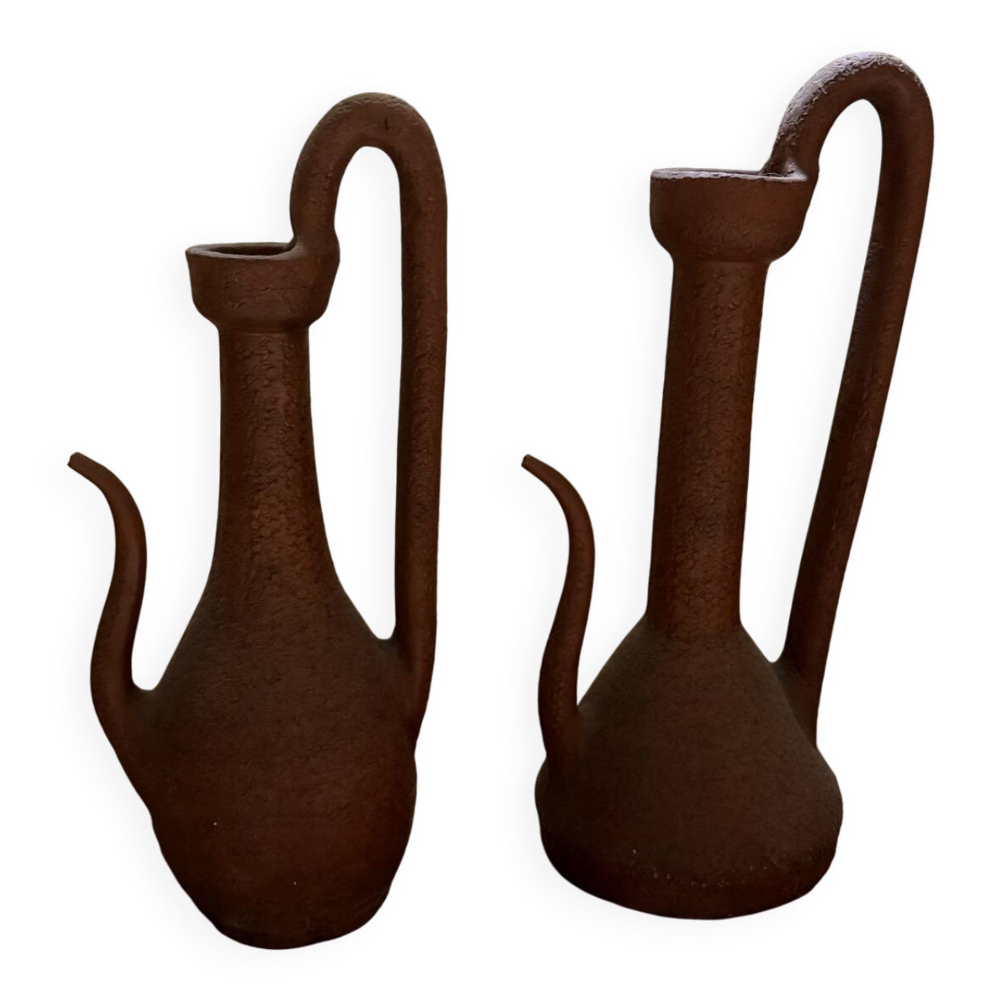 Pair of decorative terracotta jars, in the shape of a ewer.
