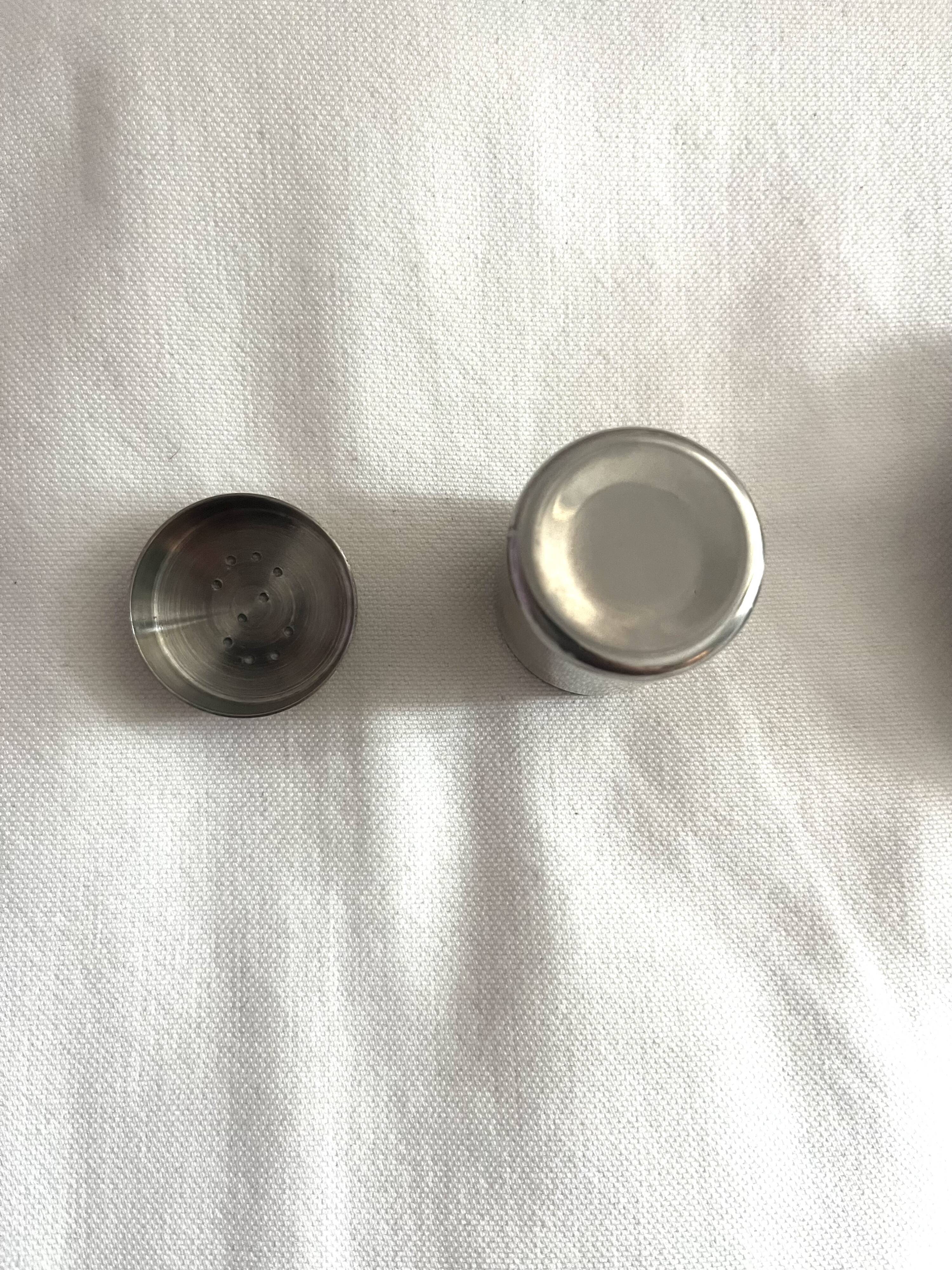 Vintage stainless steel egg cup and salt shaker – minimalist duo
