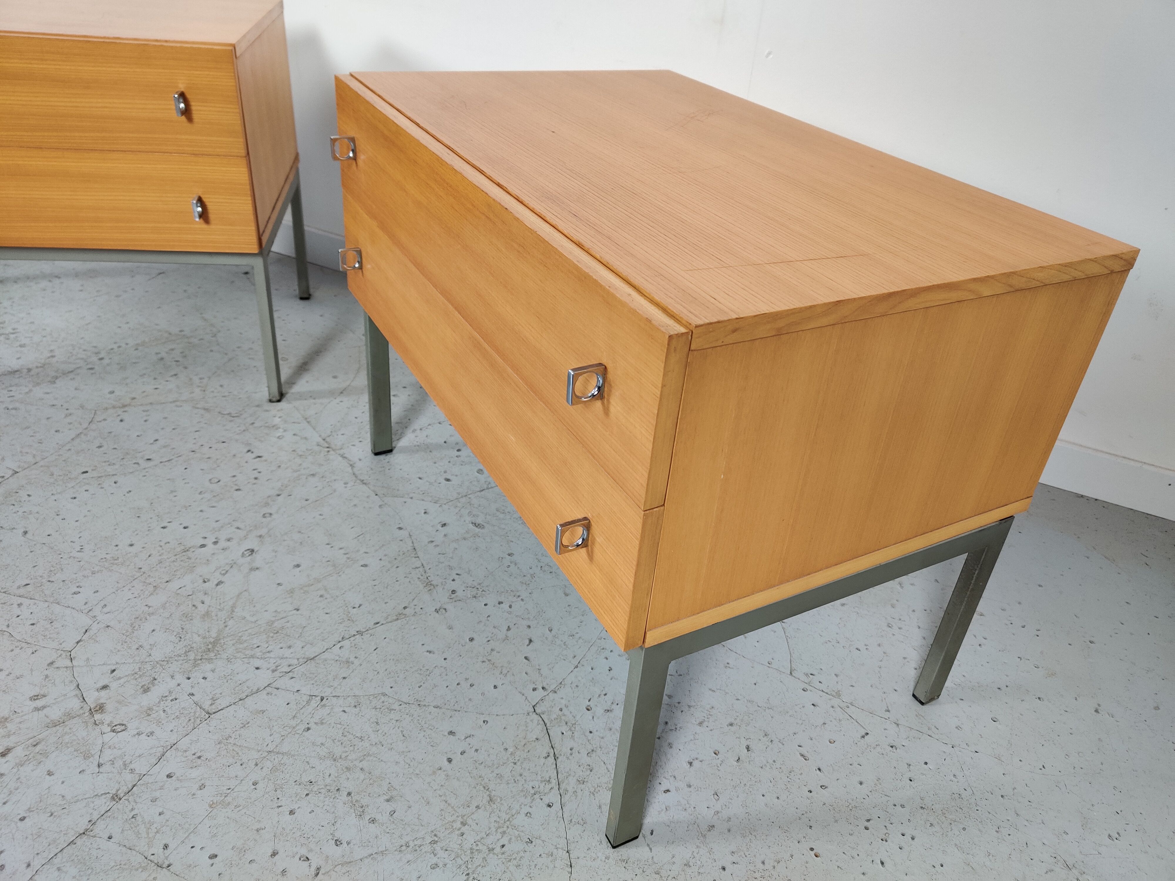 Pair of Scandinavian bedside tables, wood and metal 60s