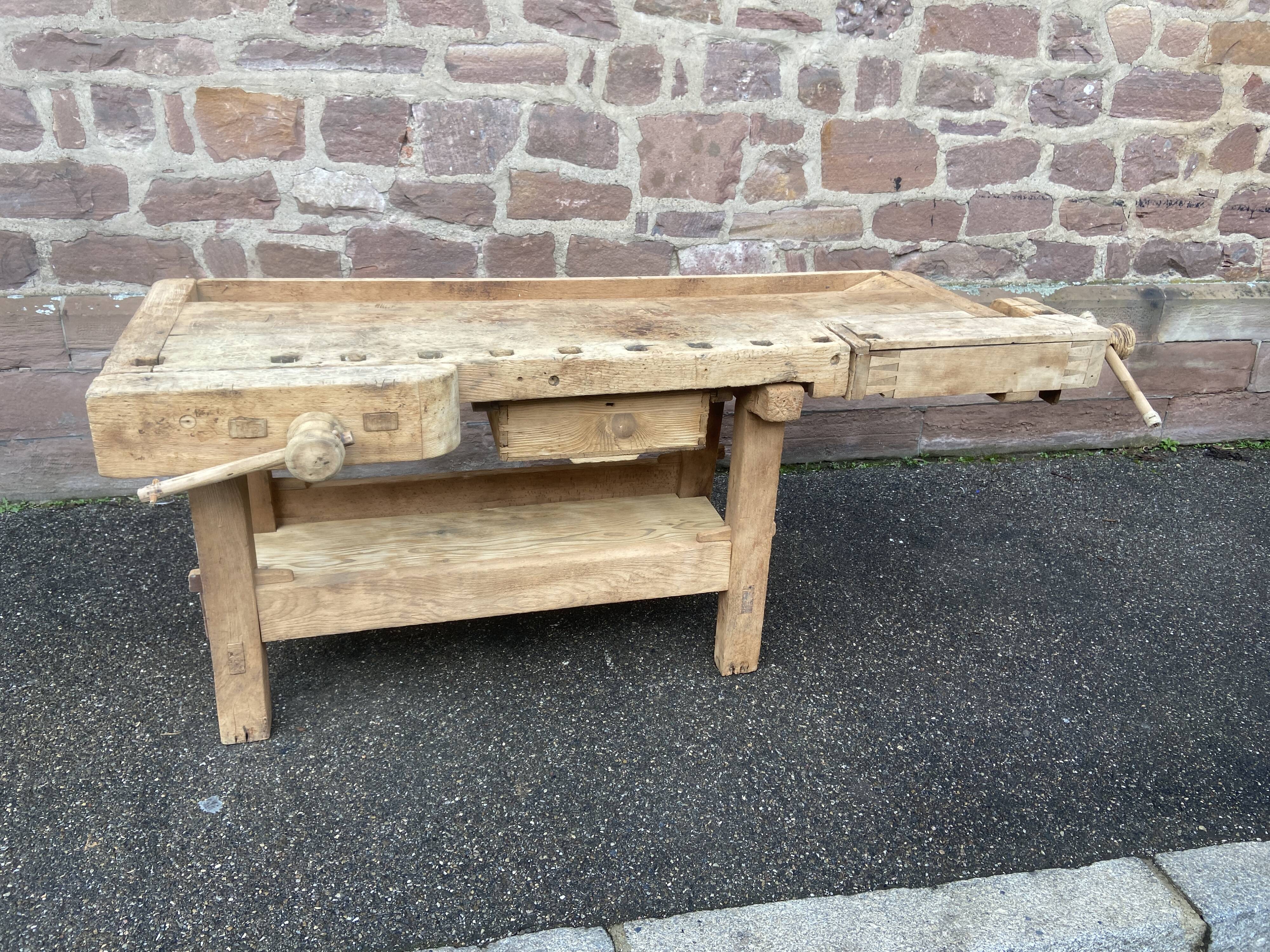 Industrial table carpenter's workbench in raw natural wood vintage bohemian