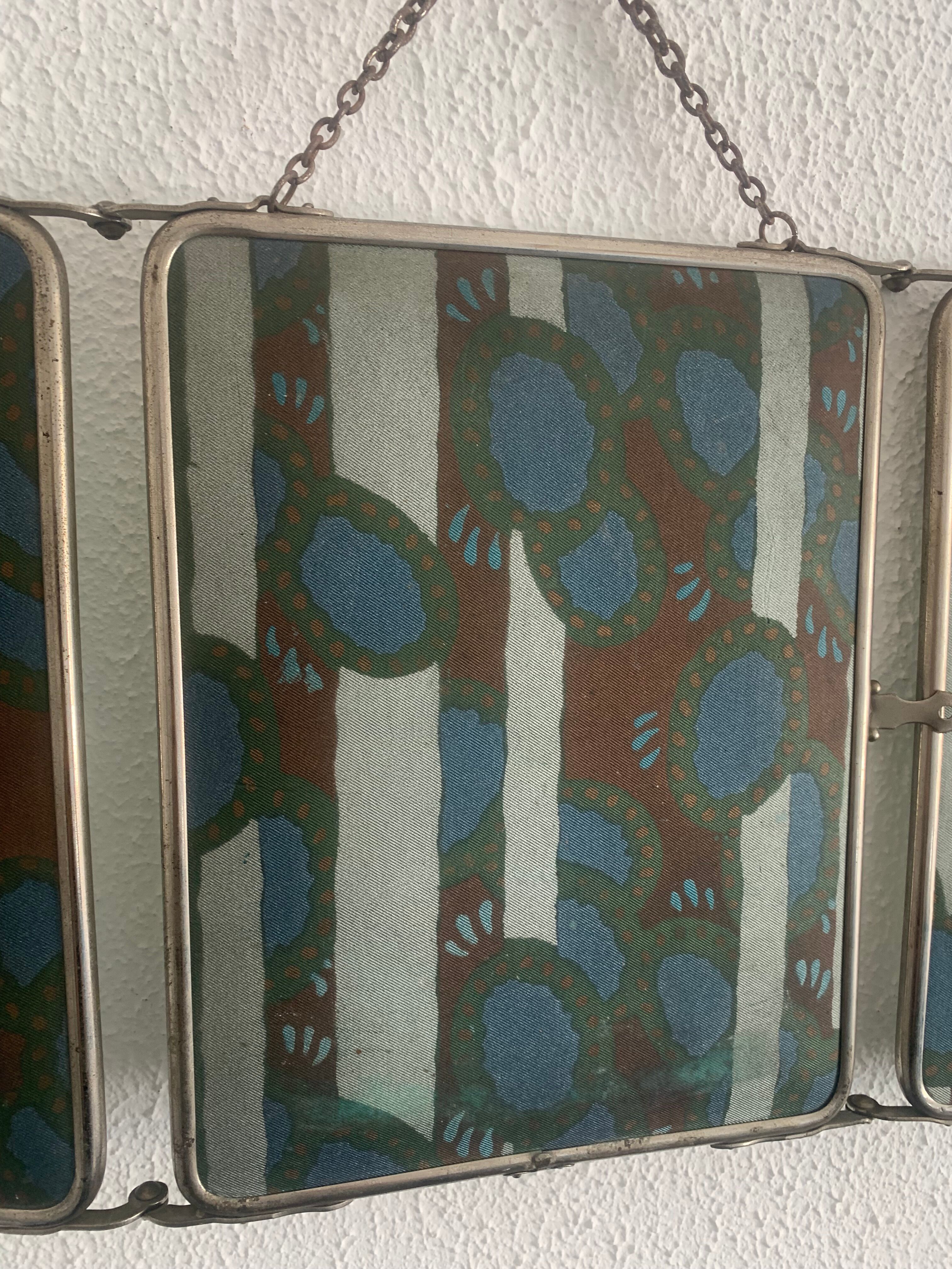 Vintage mirror 1930 triptych beveled barber Art Deco fabric - 28 x 68 cm