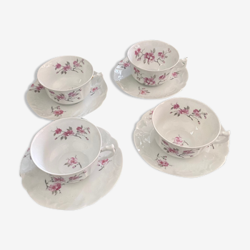 4 tasses et sous-tasses thé café en porcelaine Bernardaud Limoges fleurs