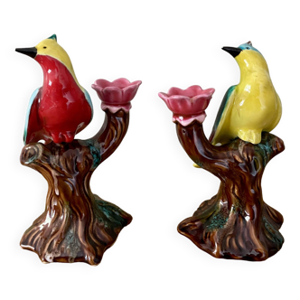 Set of 2 ceramic bird candlesticks signed Albert Ferlay
