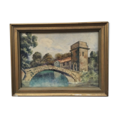 Watercolor landscape of the Massif Central, stone bridge on river and village in the background