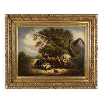 Large Rococo painting with gilded wooden frame, Belgium ca. 1900
