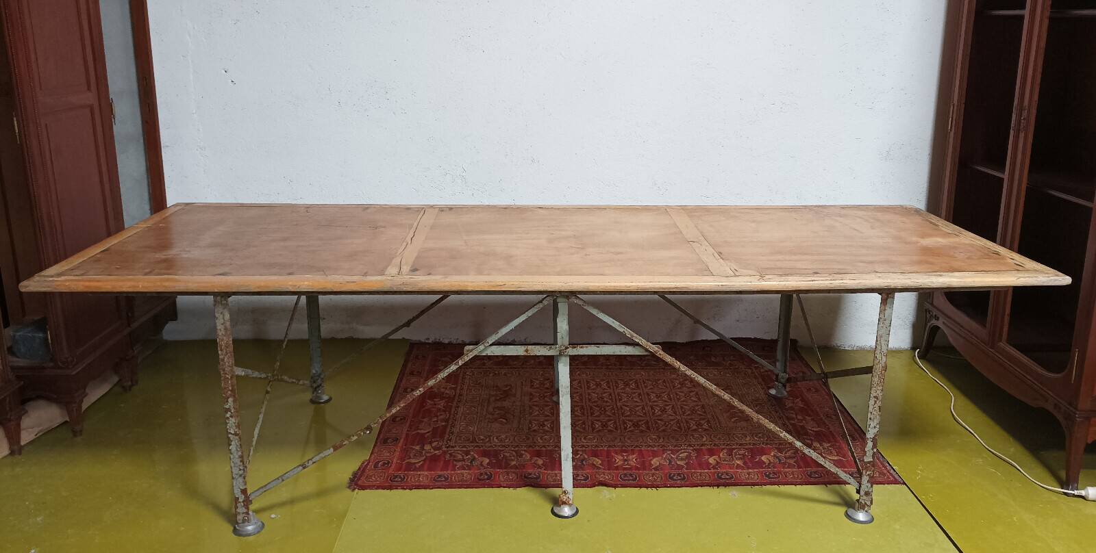 Large industrial table made of metal and beech.