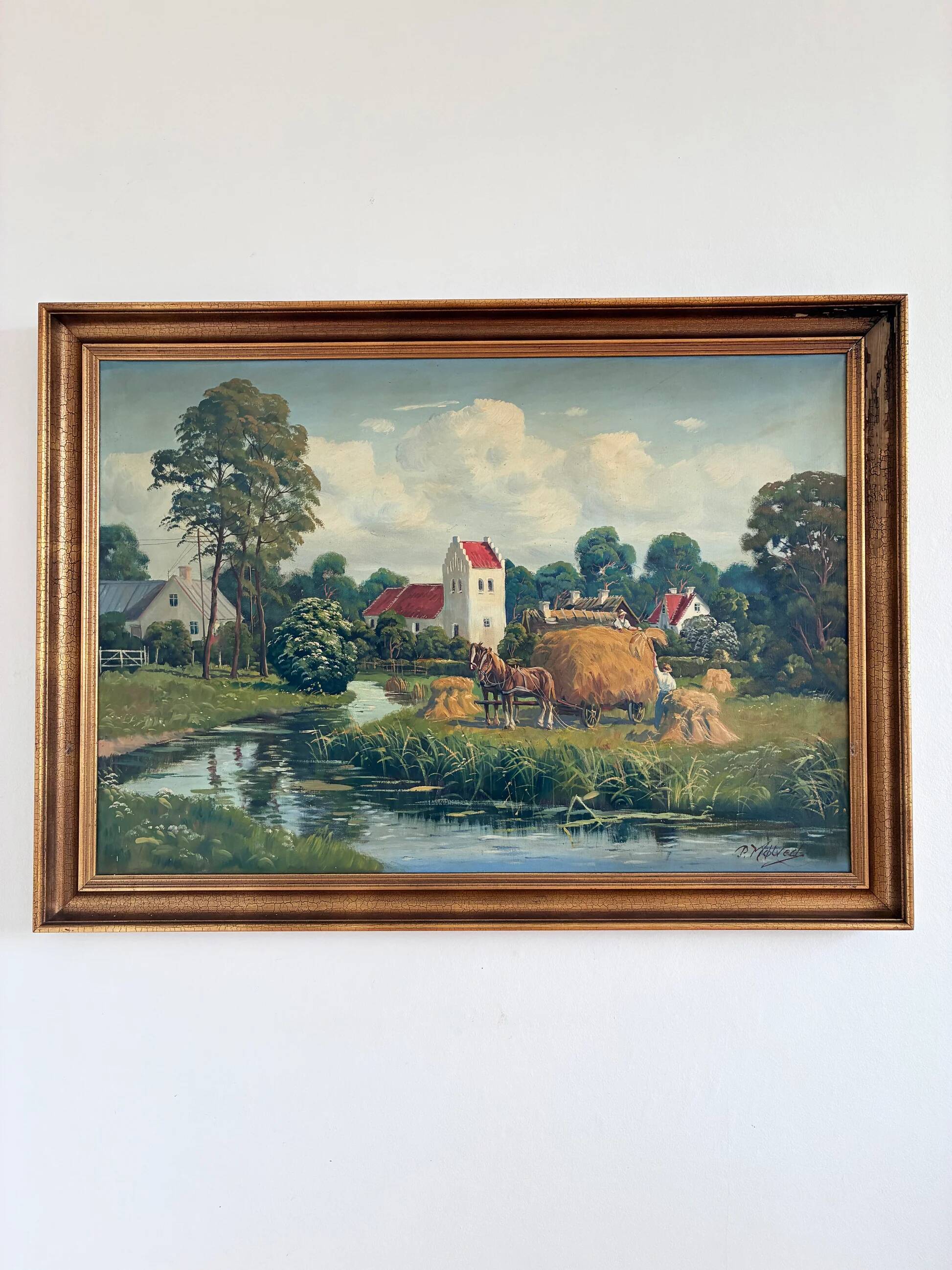 Vintage original large landscape oil painting, signed countryside art