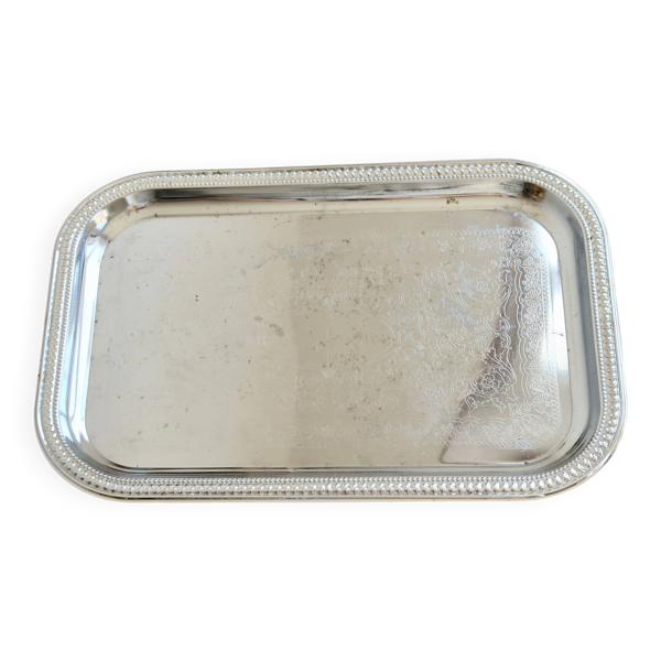 Plateau de service rectangulaire métal argenté gravé - Bordure perlée