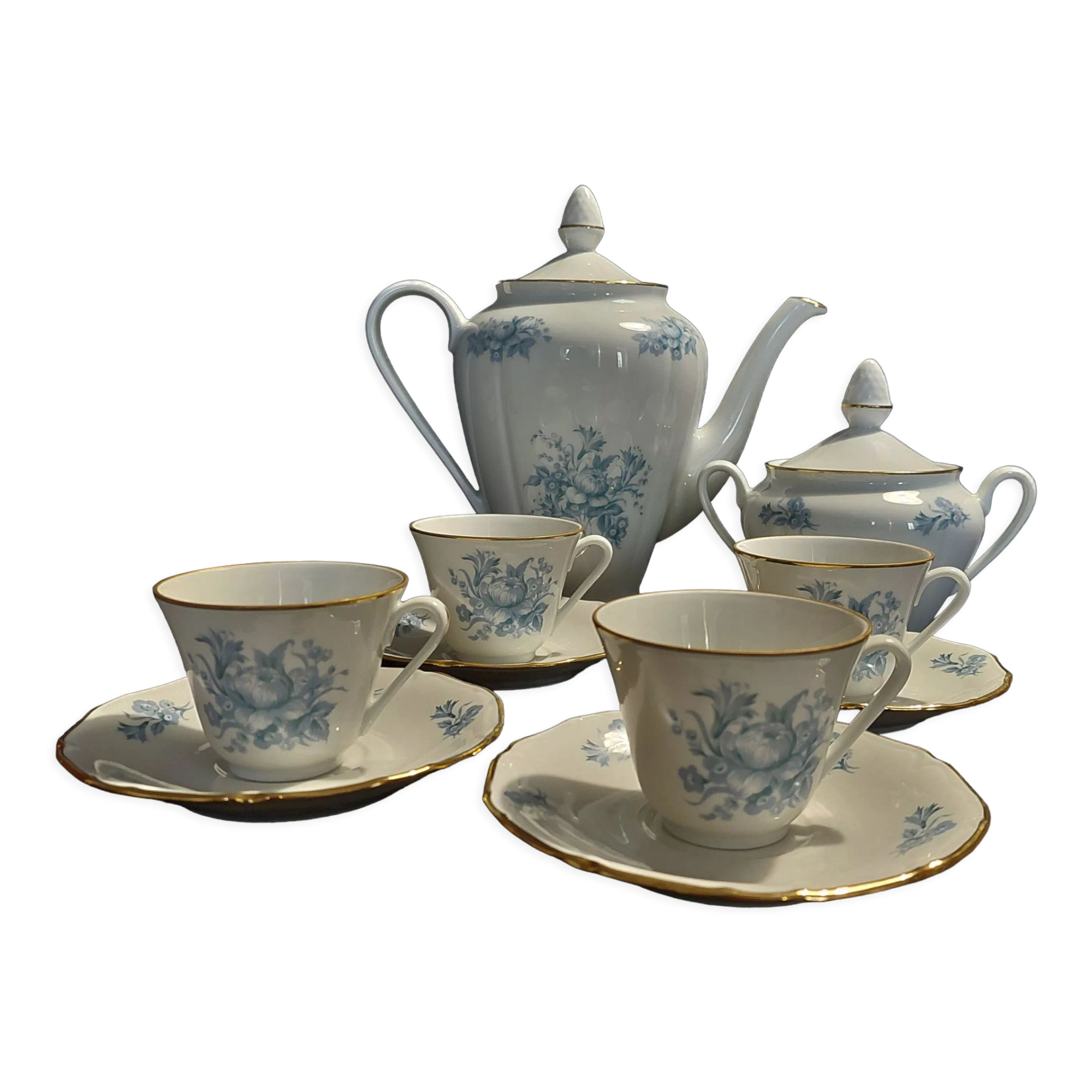 Limoges porcelain coffee set four cups pouring and sugar bowl