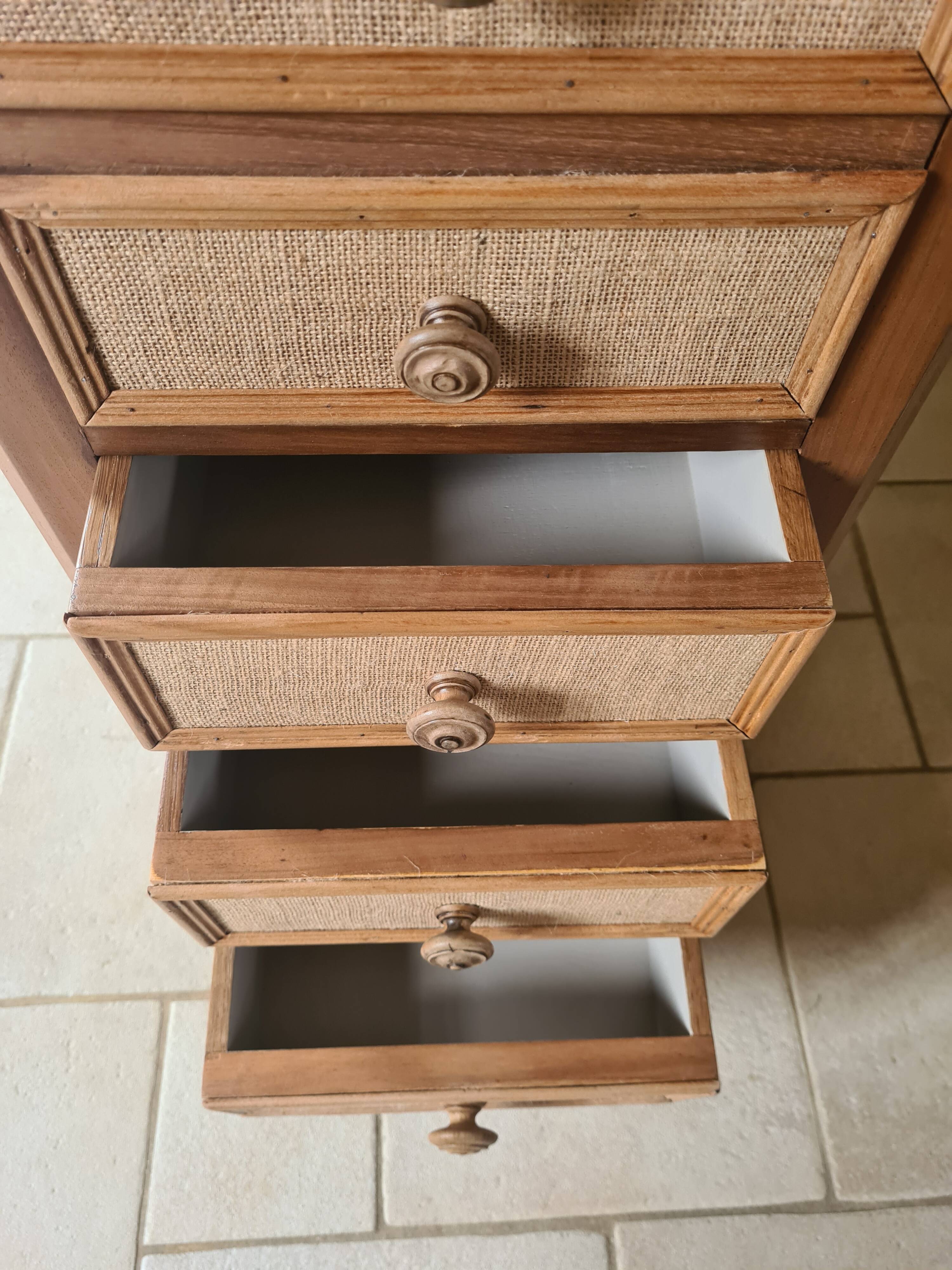 Nightstand in walnut and jute fabric, 1900