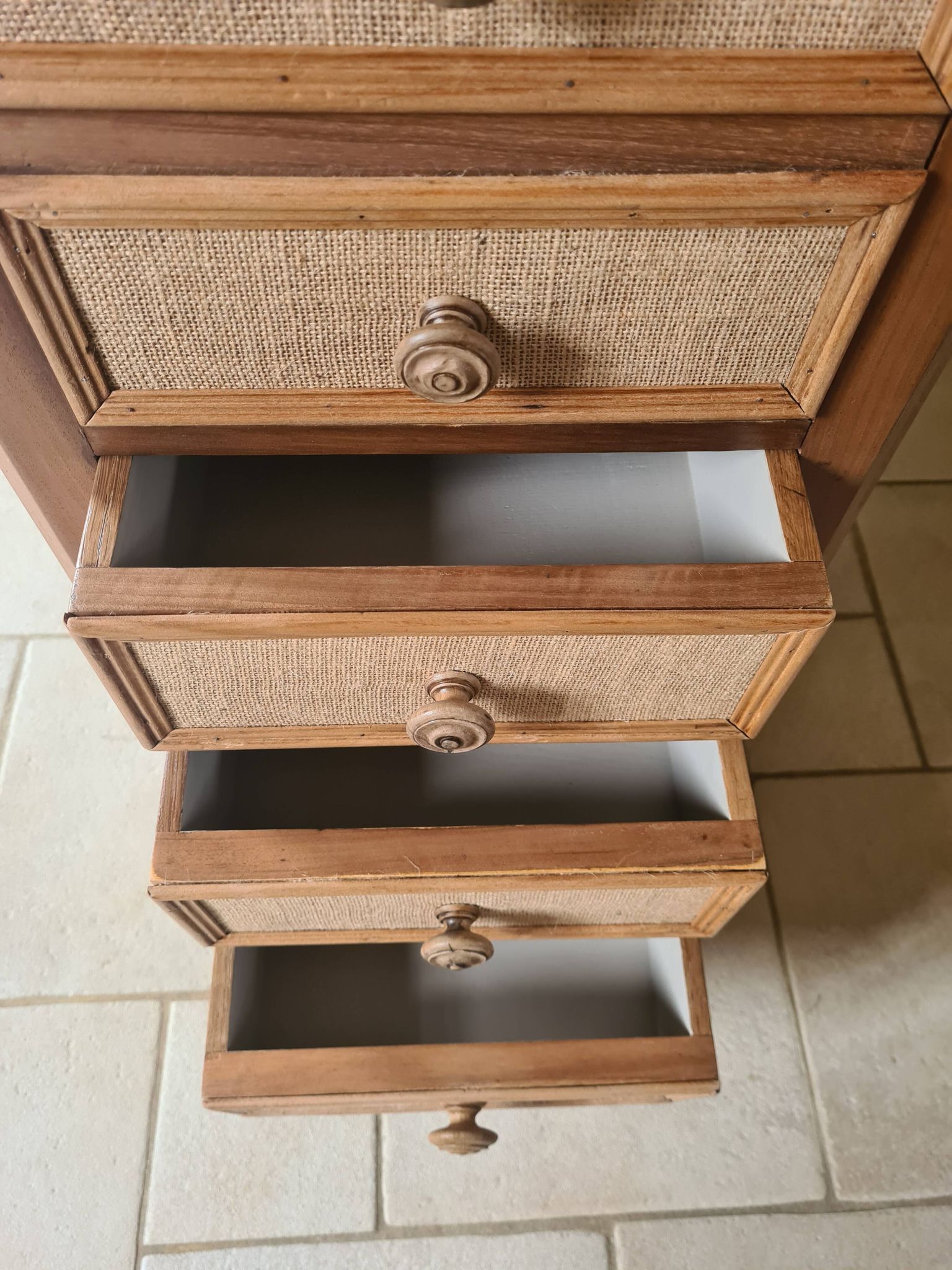 Nightstand in walnut and jute fabric, 1900