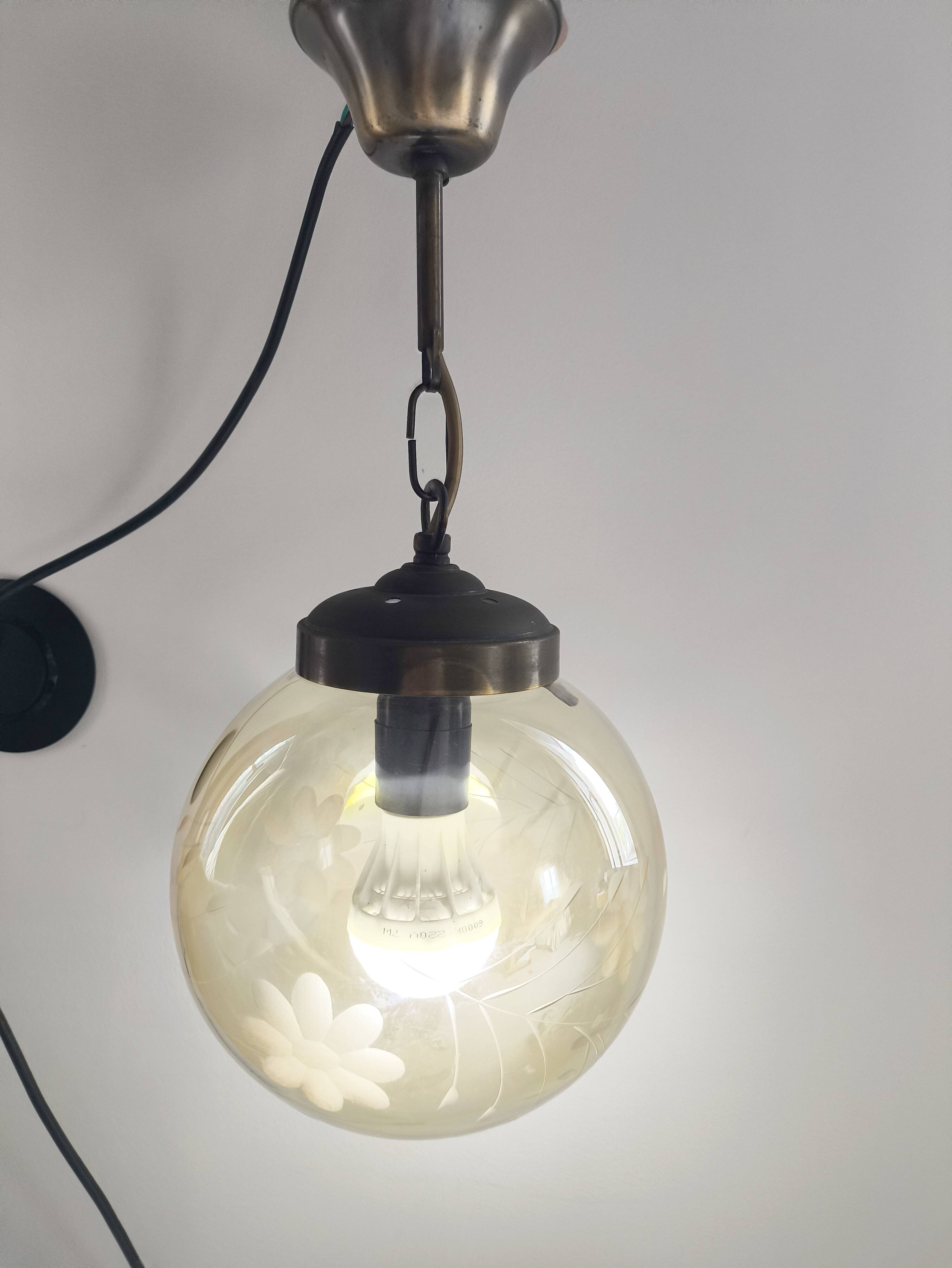Vintage Amber Glass Suspension Globe with Floral Engravings 70s Retro Chic Style