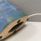 Sculptural table lamp in blue glaze with an abstract expression.