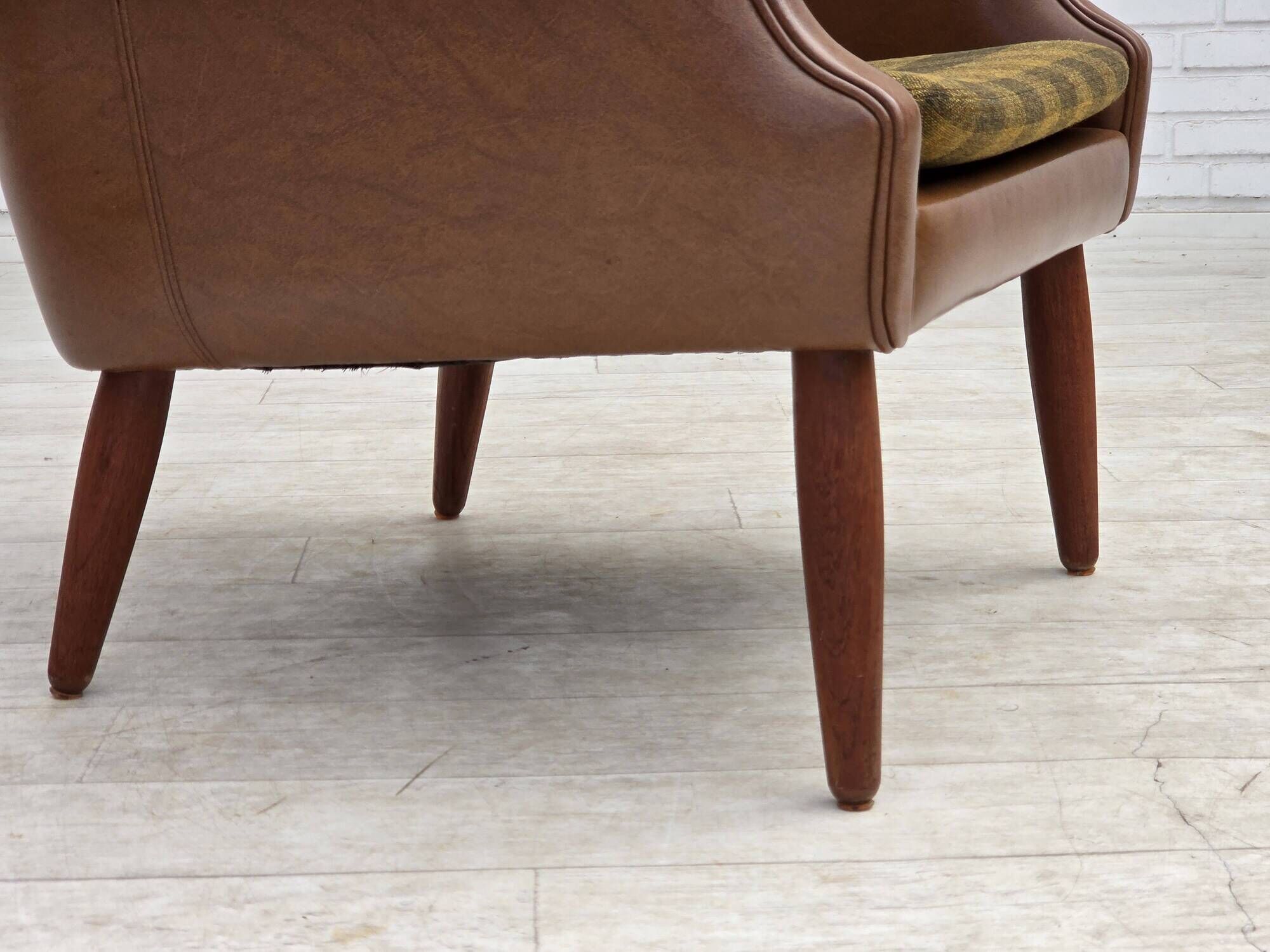1970s, Danish armchair, artificial leather, teak wood legs.