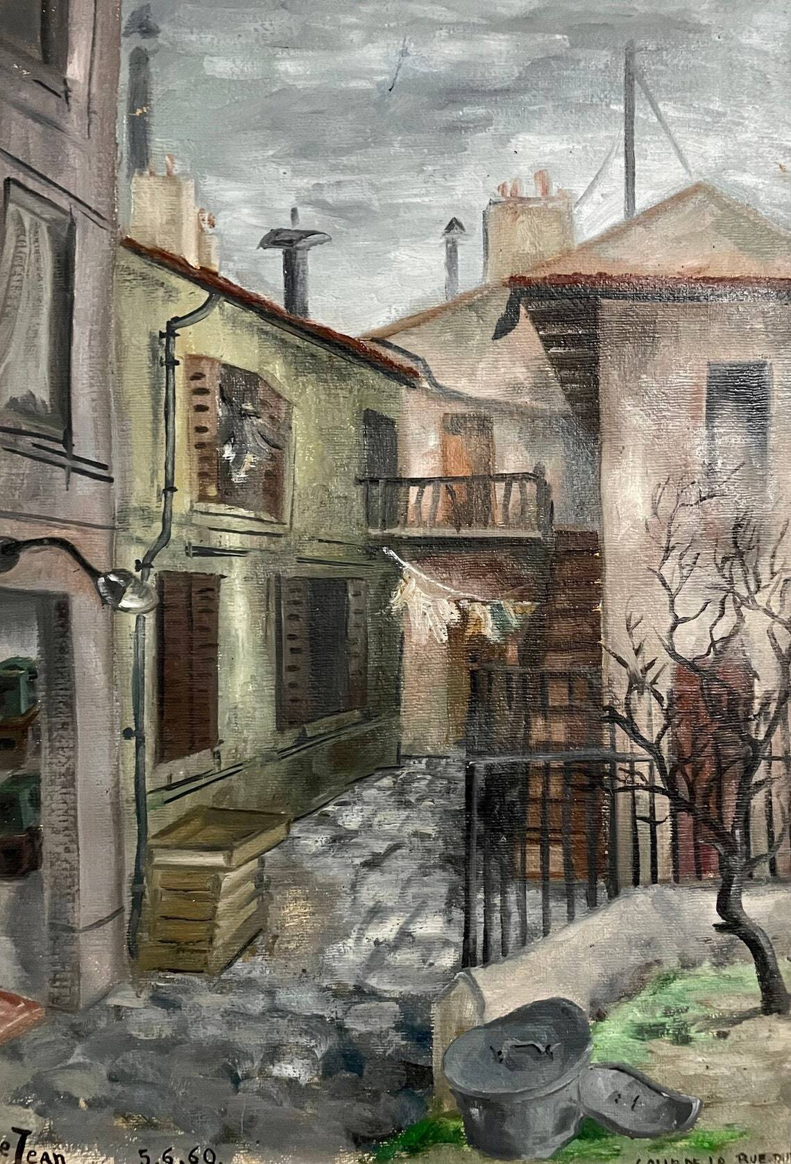 1960s  French Village Street Vintage Oil Painting on Paper with Original