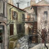 1960s  French Village Street Vintage Oil Painting on Paper with Original