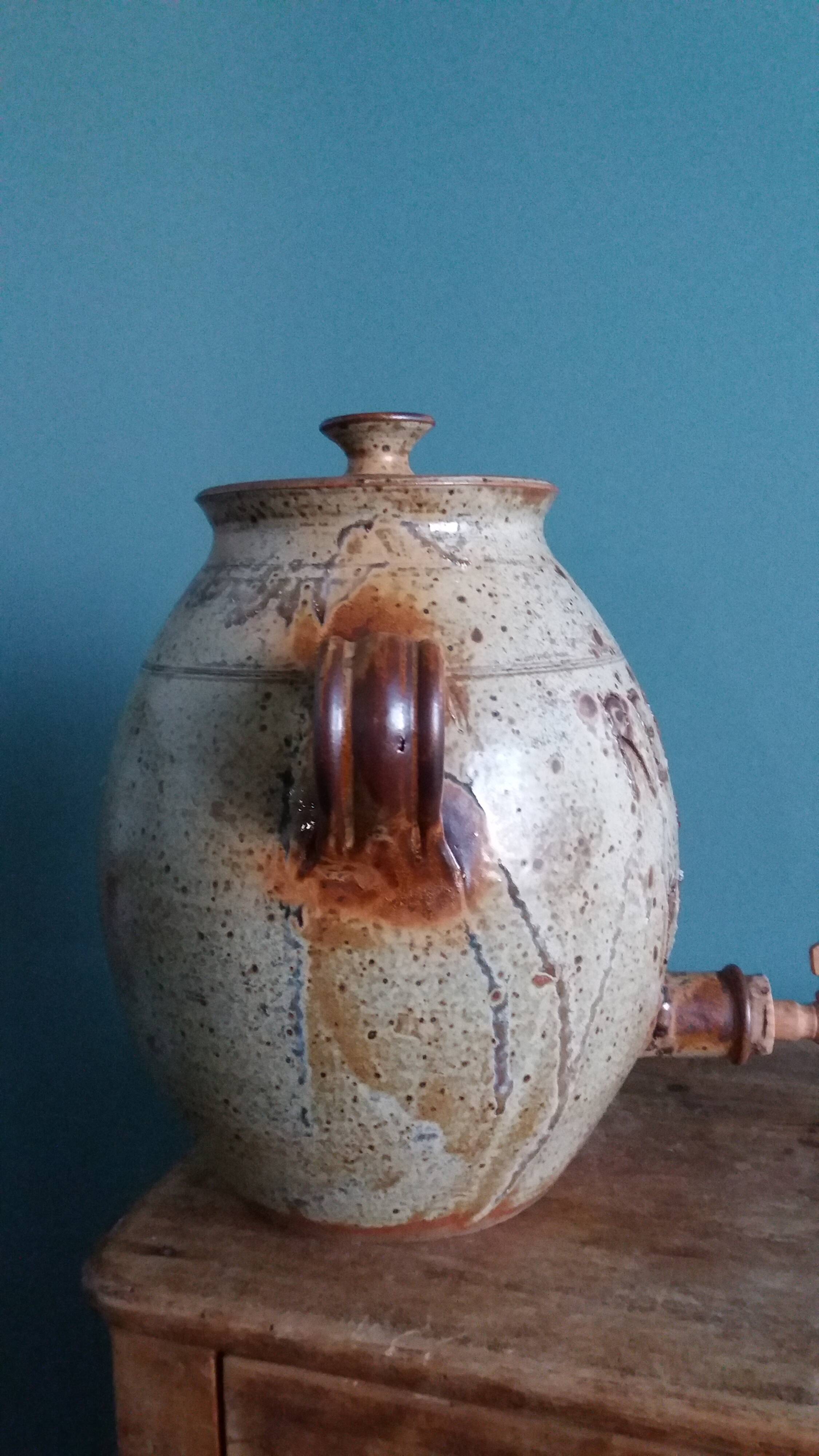 Vinaigrier pot alcohol jar signed Jean-Pierre Prud’homme stoneware from Puisaye