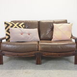Mid century vintage boho 2-seater sofa with leather cushions