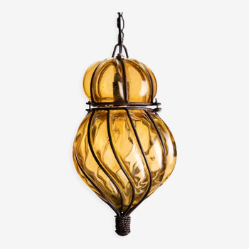 Hand-blown glass suspension in Murano style called metal lantern cage