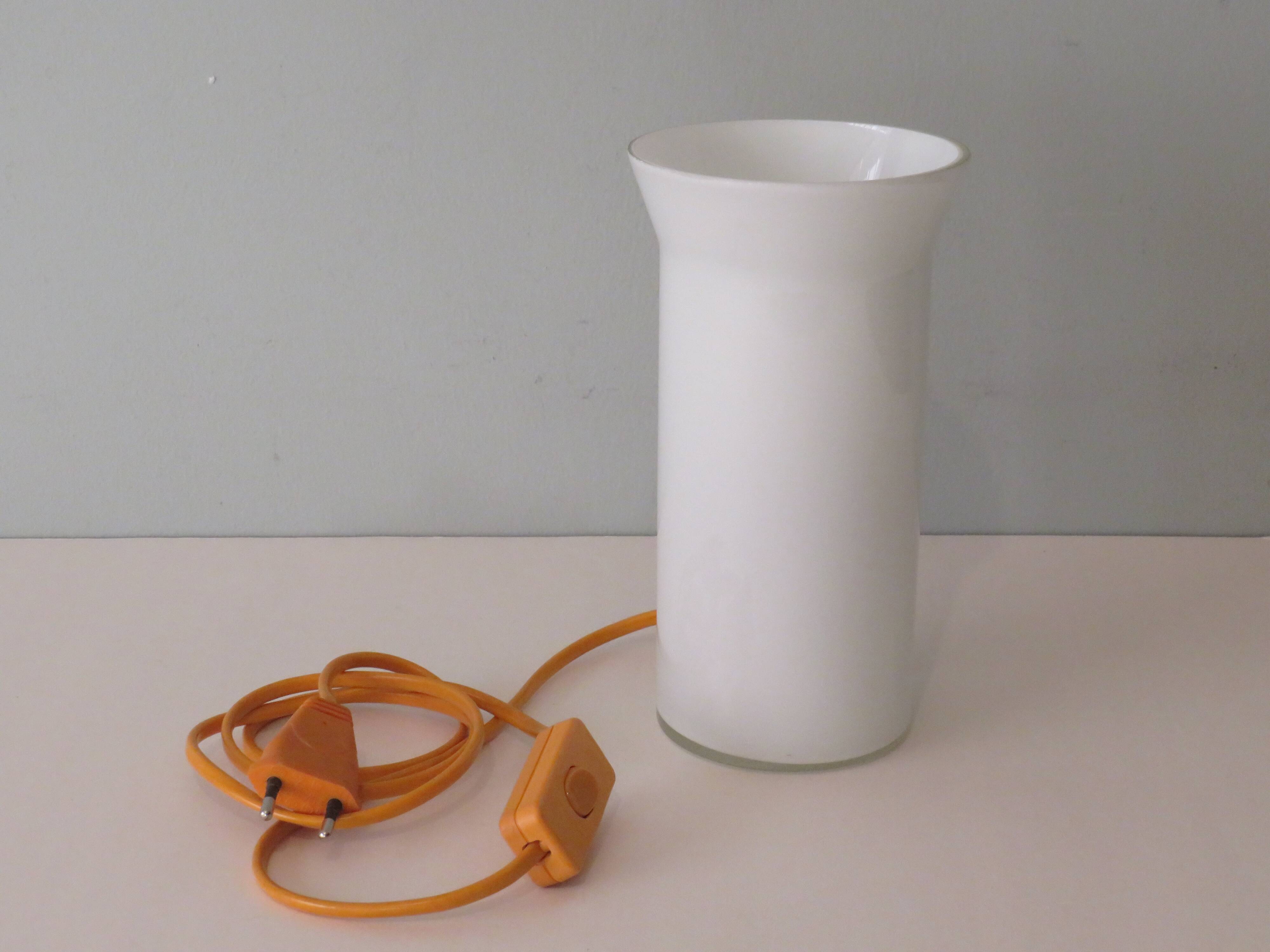 Memphis style white opaline cylindrical table lamp, 1970-1980