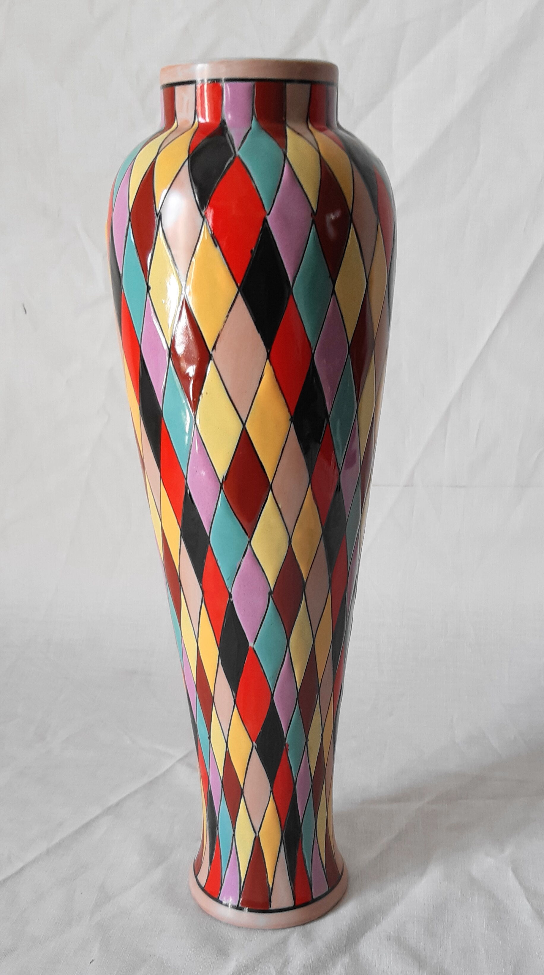 Italian ceramic vase with harlequin decor from the 50s