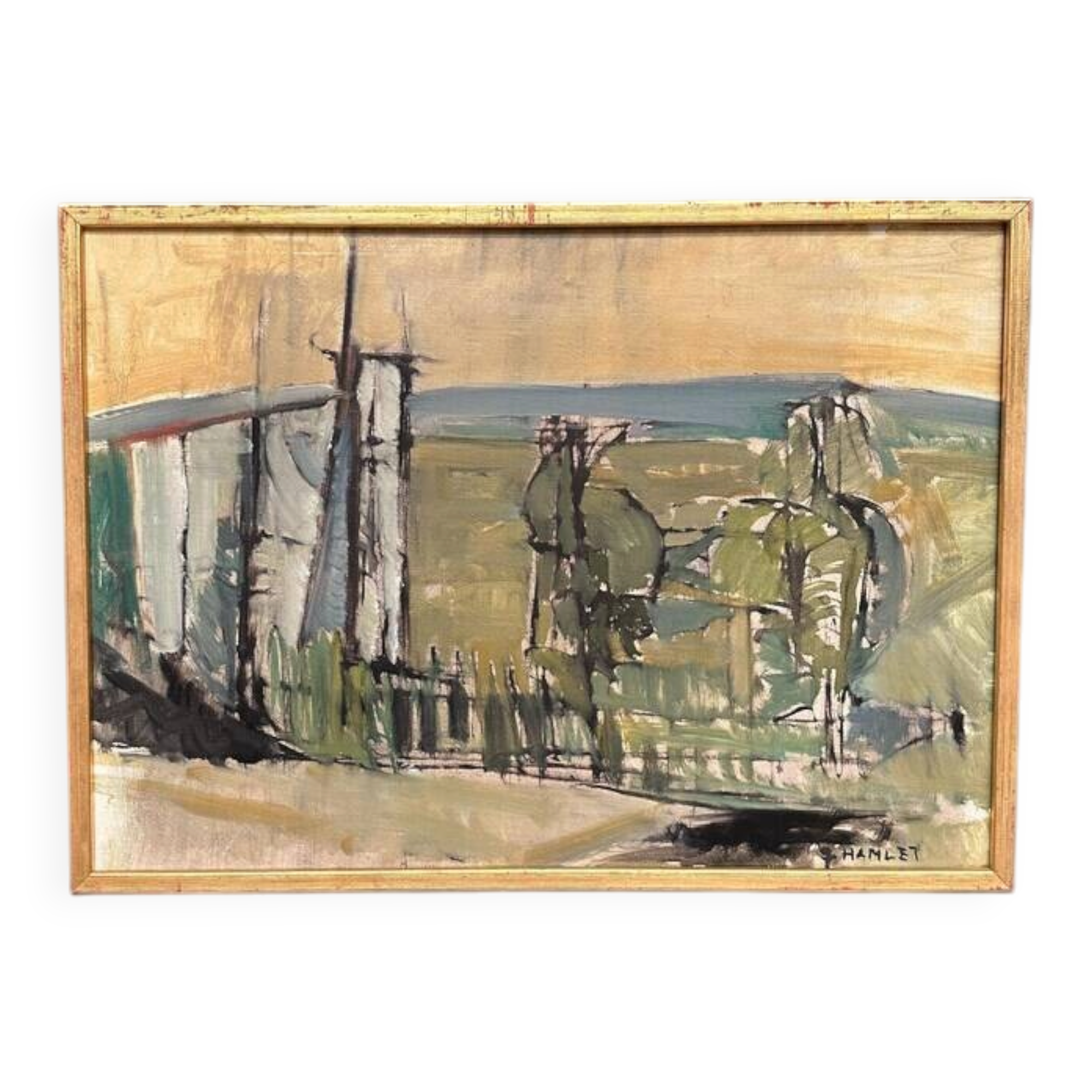 Original Swedish Oil on Canvas – “Abstract Landscape” by S. Hamlet – Dated 1960 – Vintage and Framed – 66 × 48 cm (26" × 18.9")