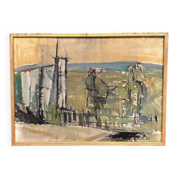 Huile sur toile originale suédoise – « Paysage abstrait » par S. Hamlet – Datée de 1960 – Vintage et encadrée – 66 × 48 cm (26" × 18,9")