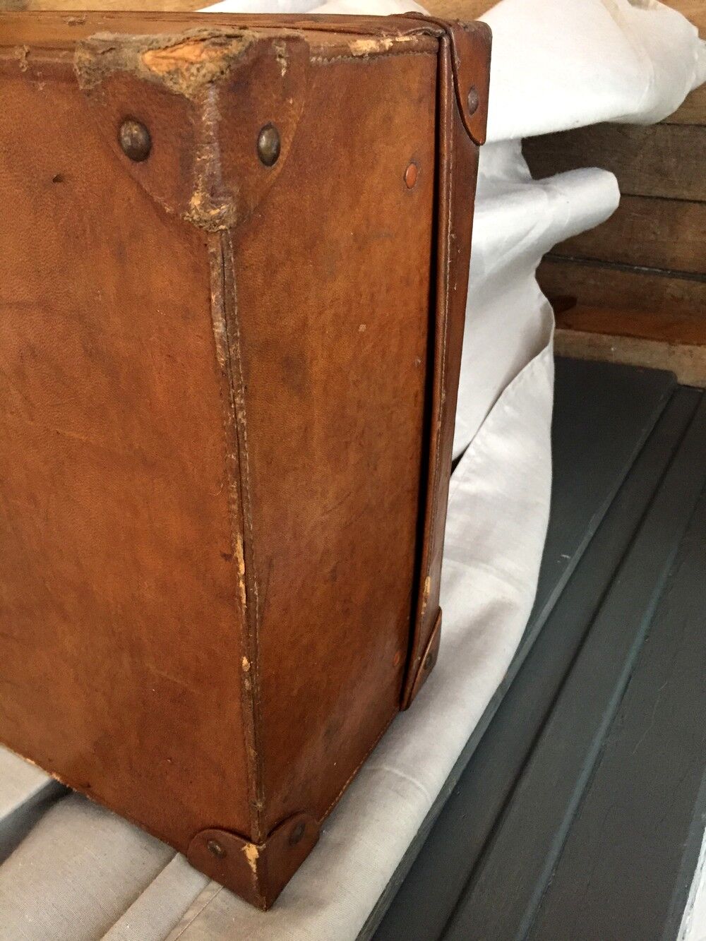 Vintage suitcase in indoor leather light khaki fabric