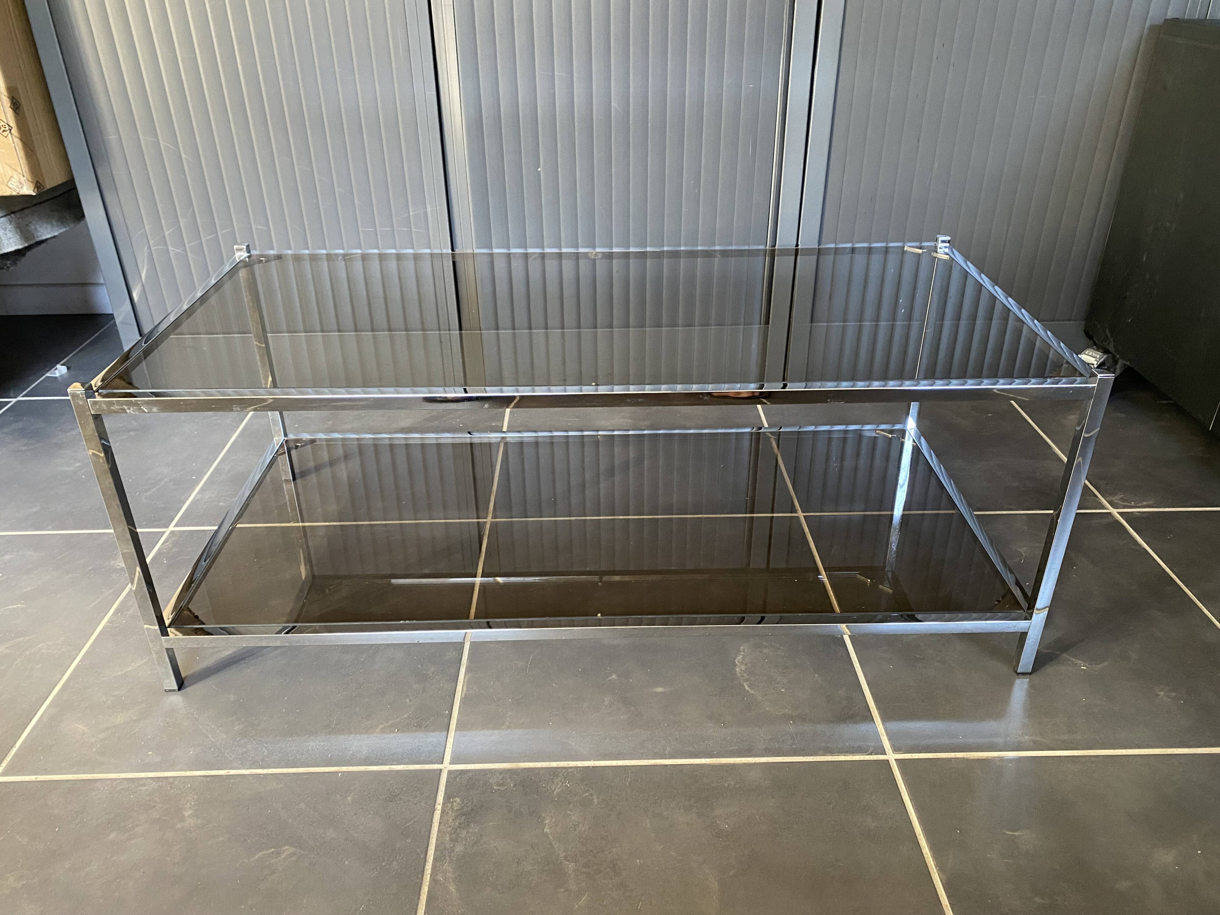 Table basse double plateau verre chrome style Bauhaus vintage 1970