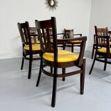 Lot de 8 anciennes chaises fauteuils de bistrot en bois et simili jaune 80’