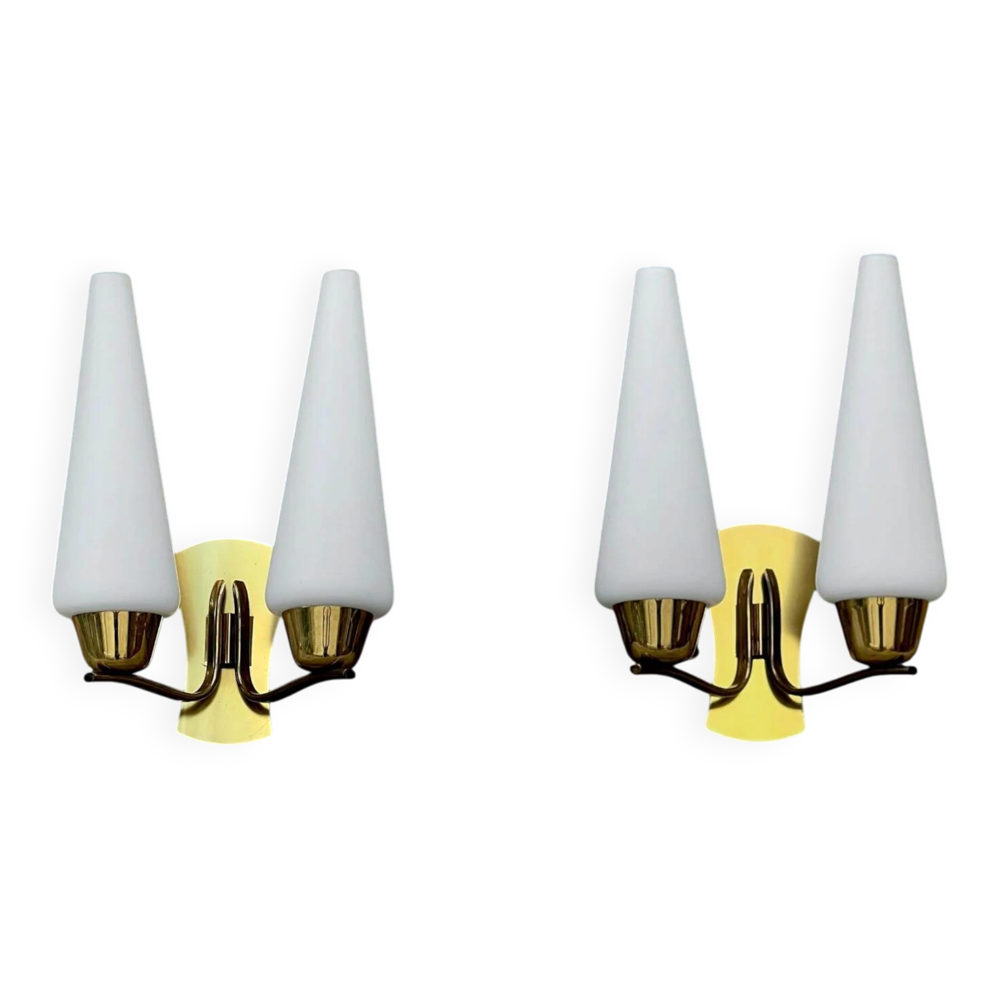 Pair of double wall sconces in brass and opaline – 1950s