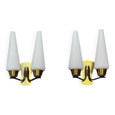 Pair of double wall sconces in brass and opaline – 1950s