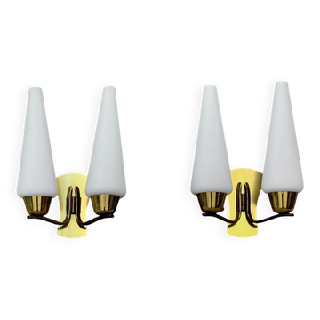 Pair of double wall sconces in brass and opaline – 1950s