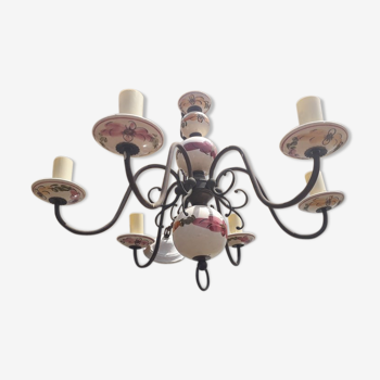 Wrought iron chandelier and painted earthenware, 6 branches