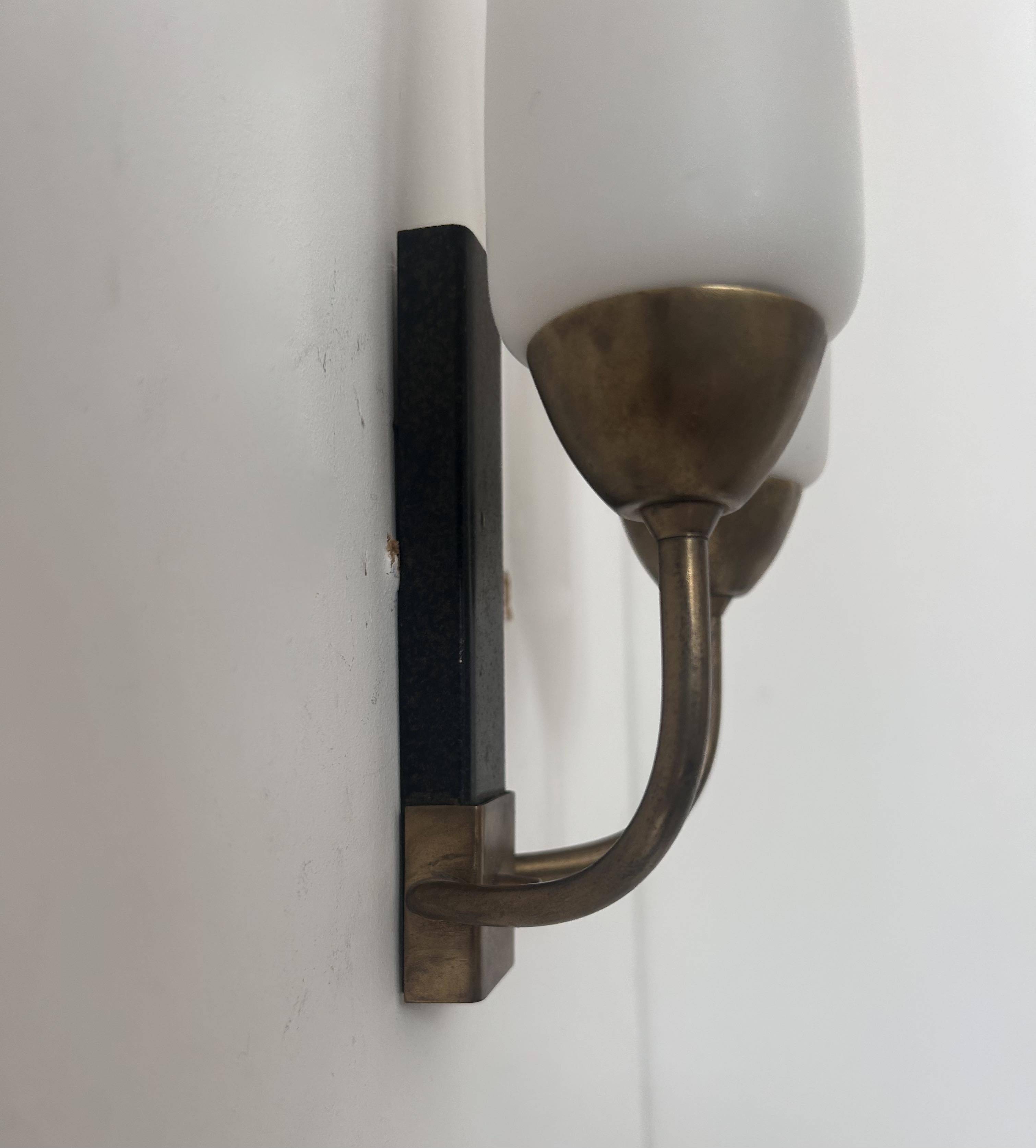 Pair of vintage double wall lights, brass and opaline, France 1950