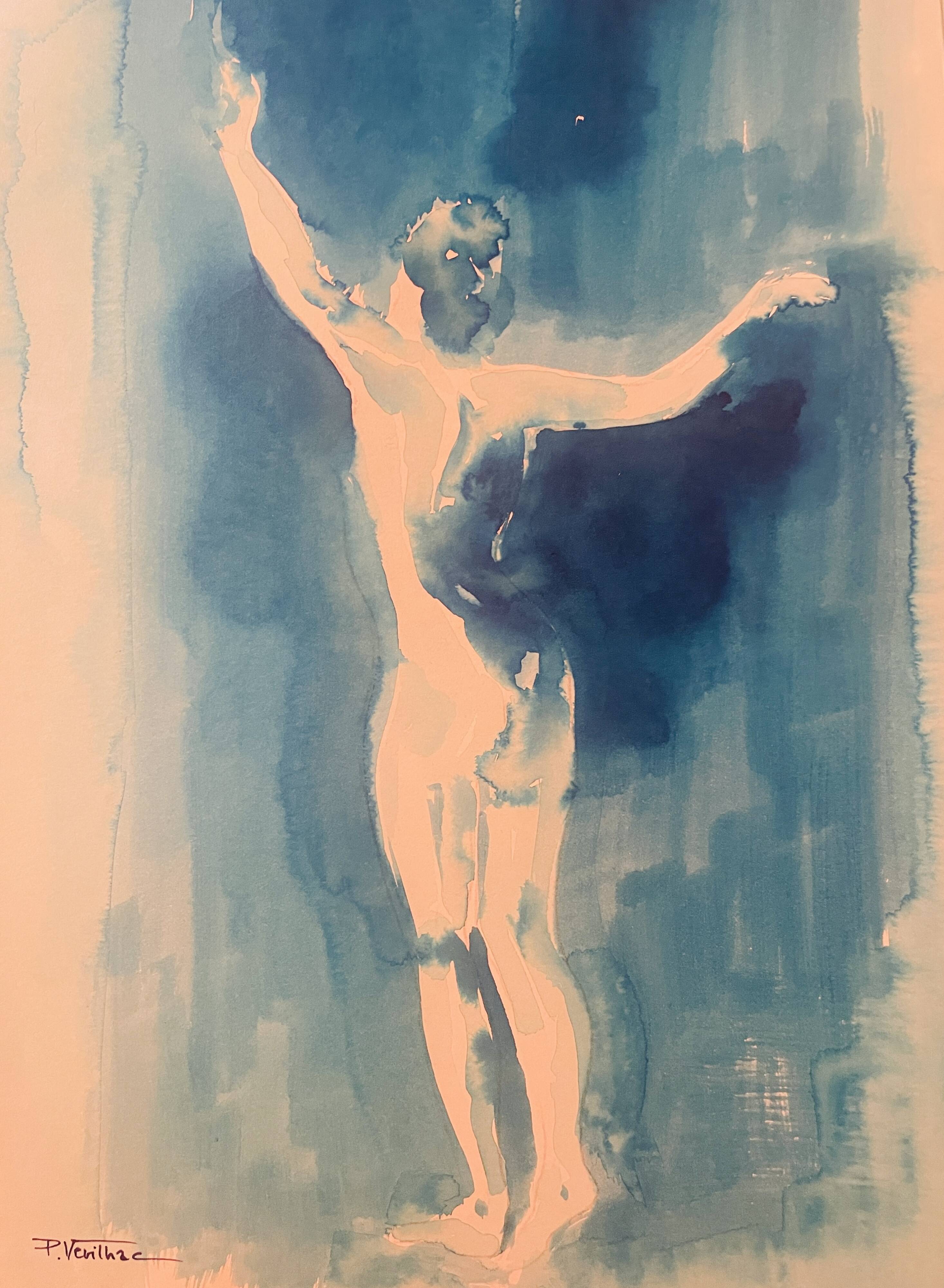 Monochrome blue watercolour tableau collection "Blue Lady" Dance, signed.