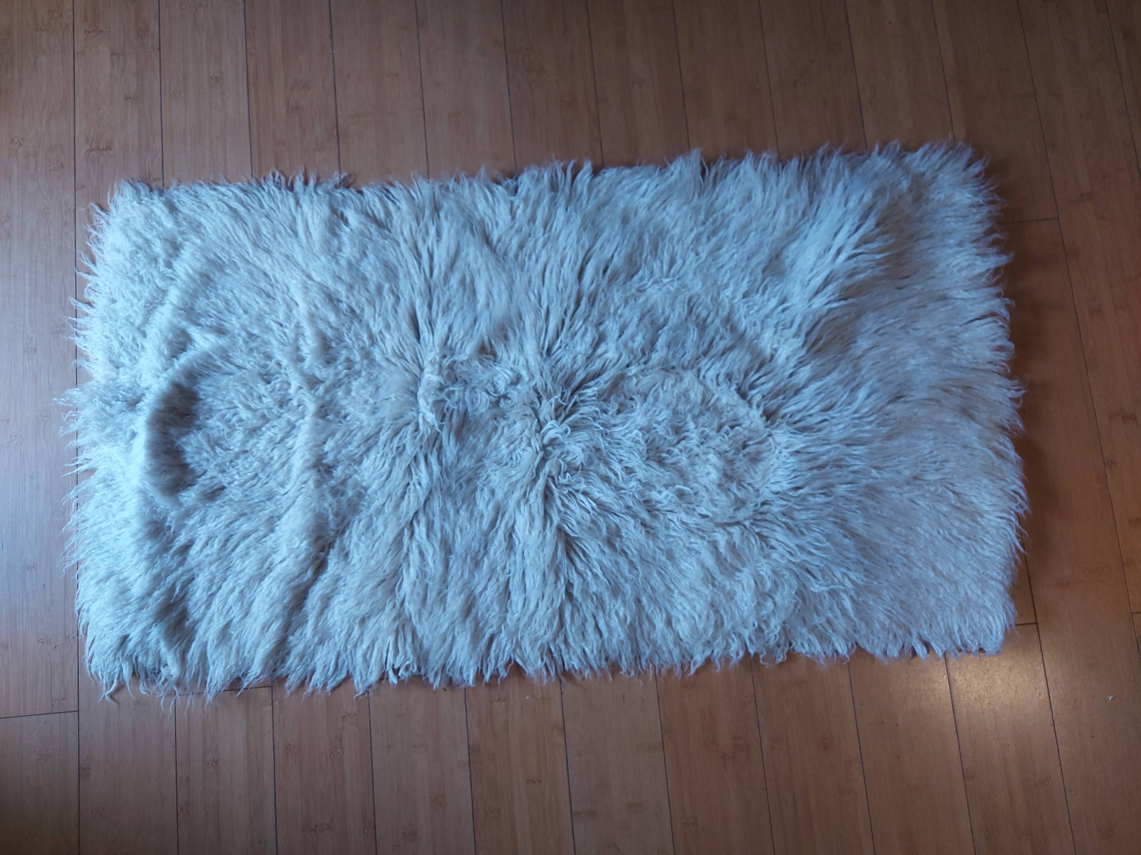 White pure wool long pile rug, vintage