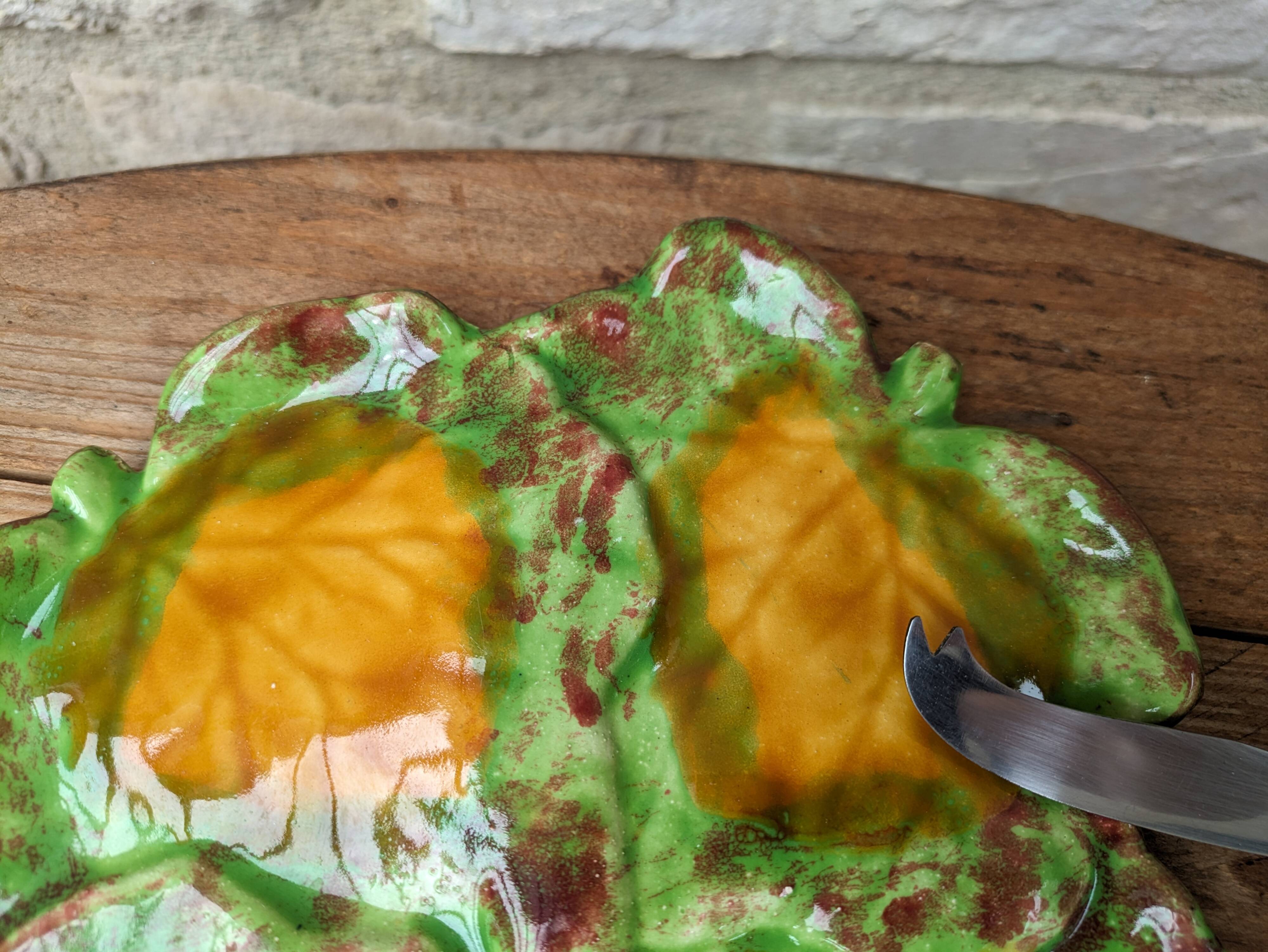 Antique colored ceramic cheese plate with knife