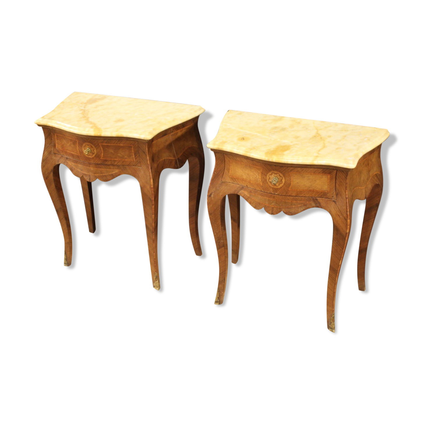 Paire de tables de chevet incrustées italiennes avec le dessus en marbre