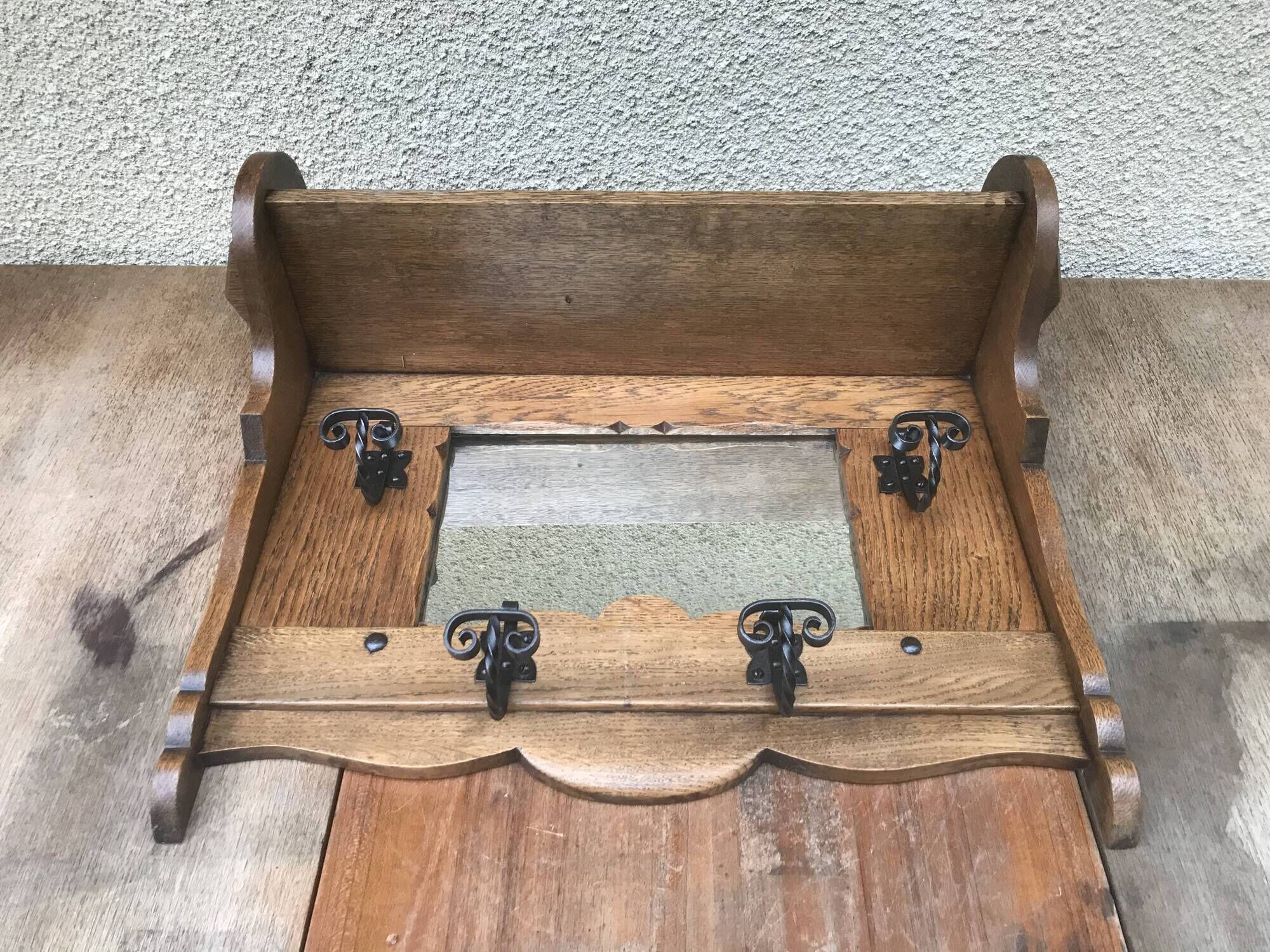 Entrance Wall Coat Door - 4 Forged Iron Patères - Mirror - Vintage Shelf
